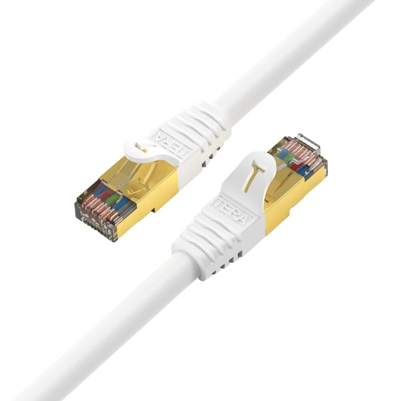 Tera Grand - Premium CAT7 Double Shielded 10 Gigabit 600MHz Ethernet Patch Cable for Modem Router LAN Network, Gold Plated Shielded RJ45 Connectors, 25 ft White - Image 1
